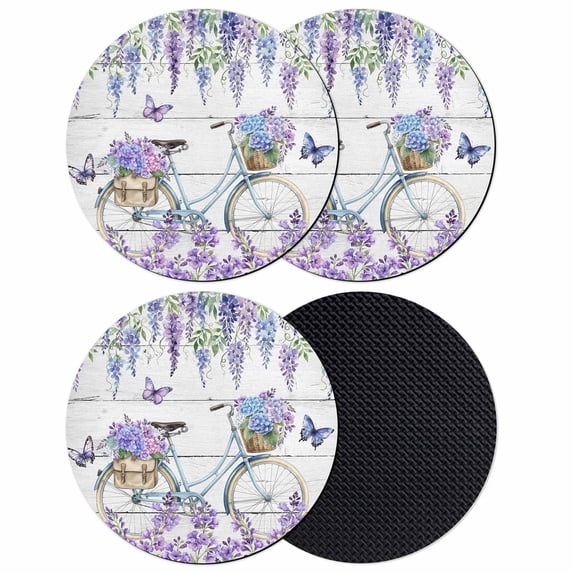 Purple Flowers Coasters Set of 4, Absorbent Coasters for Drinks, Weeping Spring Floral Bicycle Wooden Coaster for Desk Coffee Table Protection, Home Decor House Warming Gifts 4"