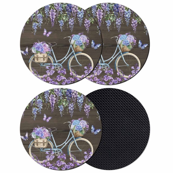 Purple Flowers Coasters Set of 4, Absorbent Coasters for Drinks, Weeping Spring Floral Bicycle Wooden Farmhouse Coaster for Desk Coffee Table Protection, Home Decor House Warming Gifts 4"