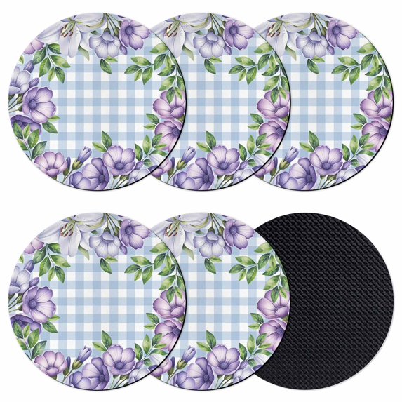 Purple Flowers Coasters Set of 6, Absorbent Coasters for Drinks, Spring Floral Leaves Plants Blue Plaid Coaster for Desk Coffee Table Protection, Home Decor House Warming Gifts 4"