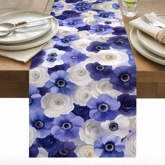 Purple Flowers Cotton Linen Table Runner Spring Pastoral White Floral Dining Table Runners for Home Decor Party Dining Room Restaurant Kitchen 13" x 60"