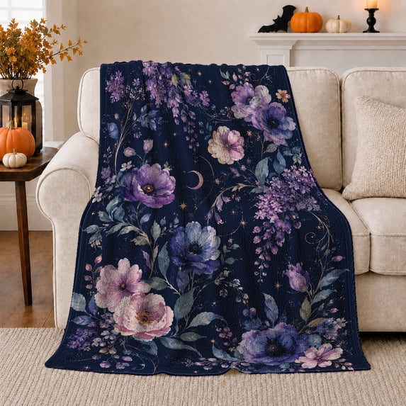 Purple Flowers with Crescent Moon on Navy, Mystical Floral Style for Moon Lovers, Night Garden Pattern and Birthday Gift, Cozy Flannel Blanket for Reading Nook, Home Decor