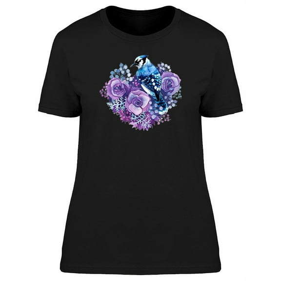Purple Flowers Cute Blue Jay T-Shirt Women -Image by Shutterstock, Female x-Large