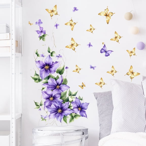 Purple Flowers Decals Butterfly Wall Stickers Vinyl Peel and Stick for Girls Kids Bedroom Living Room Wall DIY Art Decor