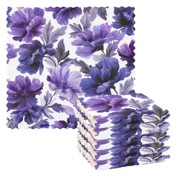 Purple Flowers Dish Cloths Dish Towels Cleaning Cloths Quick Drying Reusable 11" x 11" Set of 6