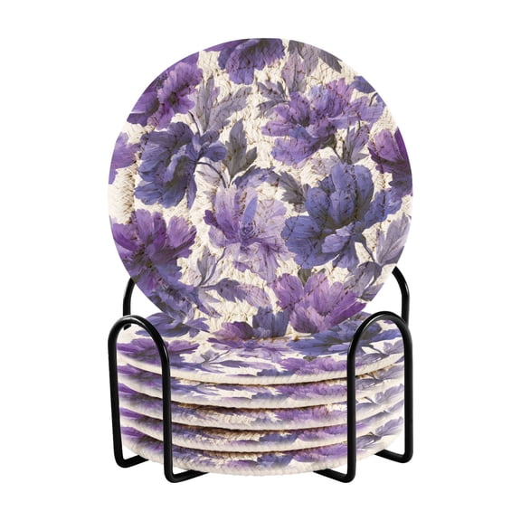 Purple Flowers Drinking Coasters Cup Mat with Holder for Kitchen Cafe Bar 6 Packs