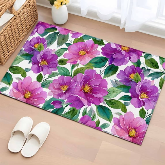 Purple Flowers Entryway Rug 2'x3'&nbsp; Non Slip Front Door Mats, Spring Floral Leaves Botanical Watercolor Entrance Rugs Indoor Outdoor Carpet, Washable Floor Mats Small Area Rug for Bedroom Kitchen