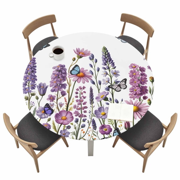 Purple Flowers Fitted Tablecloth with Elastic Edged, Round Table Cloth for Dining Table, Spring Butterflies Lavender Daisy Botanical Waterproof Oil Proof Table Cover for Indoor Outdoor 45"-54"