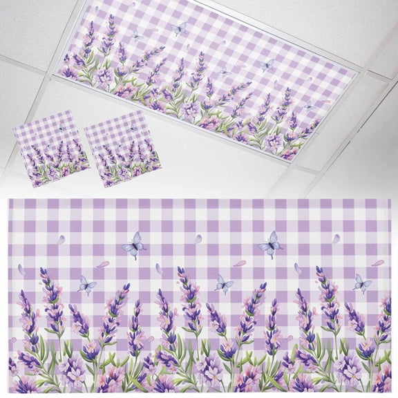 Purple Flowers Fluorescent Light Covers Watercolor Vintage Country Floral Butterfly Purple Plaid Magnetic Light Filters Ceiling Lighting Panel Shade for Classroom Office Home 2 x 4 ft, 2 Pack