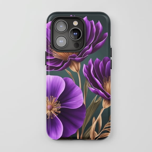 Purple Flowers For All iPhone Series Tough Phone Case Floral Dark