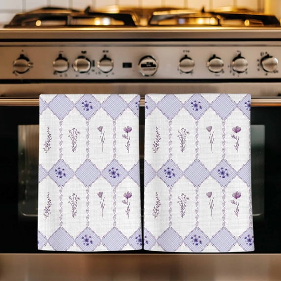 Purple Flowers Geometric Kitchen Towels Set of 4, Spring Floral Elegant Pastoral Absorbent Dish Towels for Kitchen, Microfiber Hand Towel, Quick Drying Tea Towel for Cleaning Decorative Dishcloths