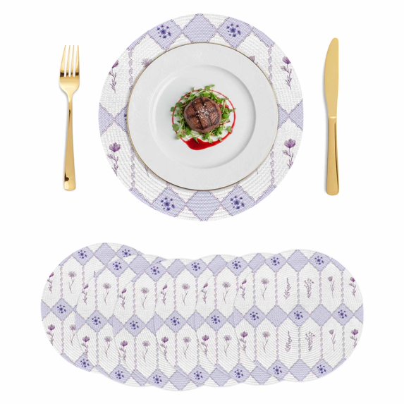 Purple Flowers Geometric Round 13 Inch Placemats Set of 6, Spring Floral Elegant Pastoral HeatResistant Non Slip Place Mats for Dining Table, Wipeable Braided Kitchen Table Mats for Housewarming