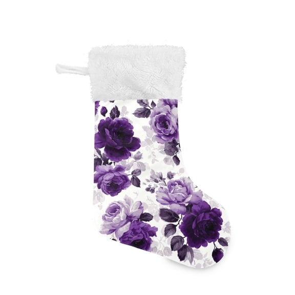 Purple Flowers Gray Leaves Christmas Stockings Large Capacity 18 inch Gift Bag with Hook Xmas Holiday Decor 1 Pack