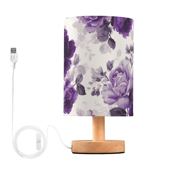 Purple Flowers Gray Leaves Table Lamp with USB Port LED Warm Light Lamp Night Light Home Decor