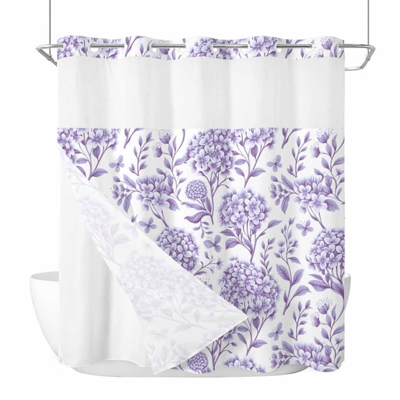 Purple Flowers No Hook Shower Curtain Waterproof, Bathroom Curtains with Snap in Liners and See Through Top Window, Botanical Floral Vintage Wildflower Hotel Style Bathtub Curtains Shower 72"Wx78"L