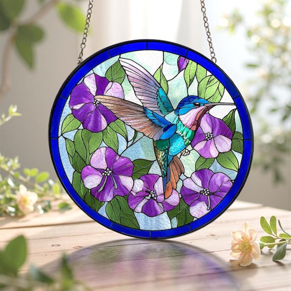 Purple Flowers Hummingbird Suncatcher Glass Art, Garden Window Decor, Bird Stained Glass, Perfect Mothers Day Gift for Bird Enthusiasts