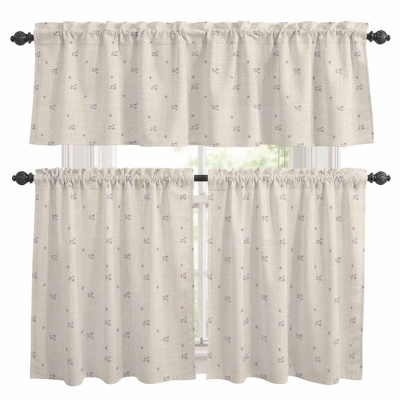Purple Flowers Kitchen Curtains Sets for Windows 24 Inch Length, Beige Farmhouse Botanical Burlap Rod Pocket Window Treatments Tier Curtains and Valances Set for Bedroom/Bathroom