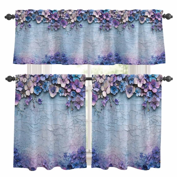 Purple Flowers Kitchen Curtains Sets for Windows 36 Inch Length, Vintage Blue Mottled Walls Pastoral Rod Pocket Window Treatments Tier Curtains and Valances Set for Bedroom/Bathroom