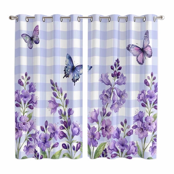 Purple Flowers Kitchen Curtains Window Panels, Butterfly Spring Floral Checkered Farmhouse Insulated Window Treatment Curtain, Grommet Curtains for Bedroom/Living Room/Bathroom, 2 Piece 42"Wx63"L