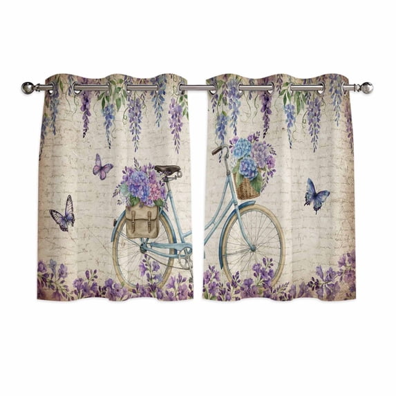 Purple Flowers Kitchen Curtains Window Panels, Weeping Spring Floral Bicycle Retro Art Insulated Window Treatment Curtain, Grommet Curtains for Bedroom/Living Room/Bathroom, 2 Piece 42"Wx54"L