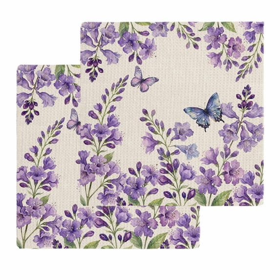 Purple Flowers Kitchen Dish Towels for Drying Dishes Set of 2, Butterfly Spring Floral Rustic Farmhouse Waffle Weave Microfiber Hand Tea Bathroom Towels Quick Dry & Absorbent Towel 12x12