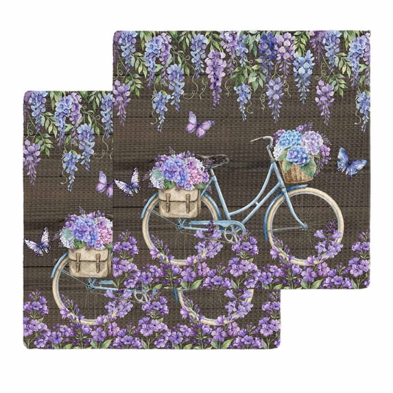 Purple Flowers Kitchen Dish Towels for Drying Dishes Set of 2, Weeping Spring Floral Bicycle Wooden Farmhouse Waffle Weave Microfiber Hand Tea Bathroom Towels Quick Dry & Absorbent Towel 12x12