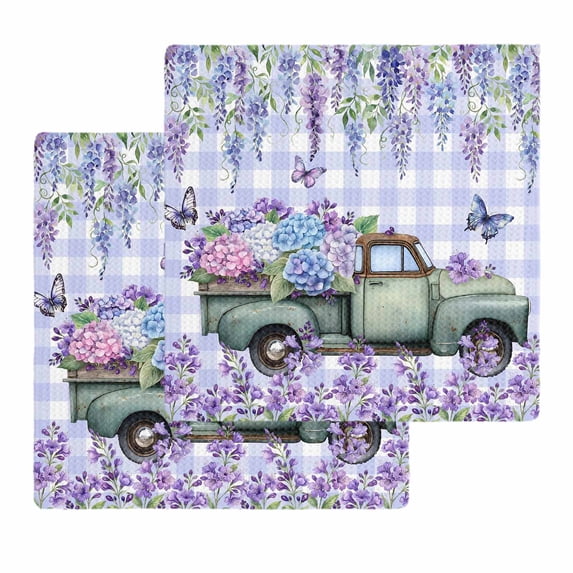 Purple Flowers Kitchen Dish Towels for Drying Dishes Set of 2, Weeping Spring Floral Truck Butterfly Checkered Waffle Weave Microfiber Hand Tea Bathroom Towels Quick Dry & Absorbent Towel 12x12
