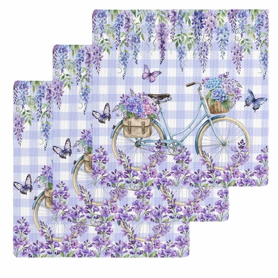 Purple Flowers Kitchen Dish Towels for Drying Dishes Set of 3, Weeping Spring Floral Bicycle Checkered Waffle Weave Microfiber Hand Tea Bathroom Towels Quick Dry & Absorbent Towel 12x12