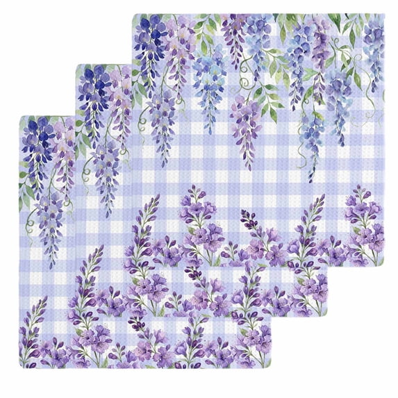Purple Flowers Kitchen Dish Towels for Drying Dishes Set of 3, Weeping Spring Floral Checkered Pastoral Waffle Weave Microfiber Hand Tea Bathroom Towels Quick Dry & Absorbent Towel 12x12