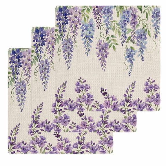 Purple Flowers Kitchen Dish Towels for Drying Dishes Set of 3, Weeping Spring Floral Rustic Pastoral Waffle Weave Microfiber Hand Tea Bathroom Towels Quick Dry & Absorbent Towel 12x12