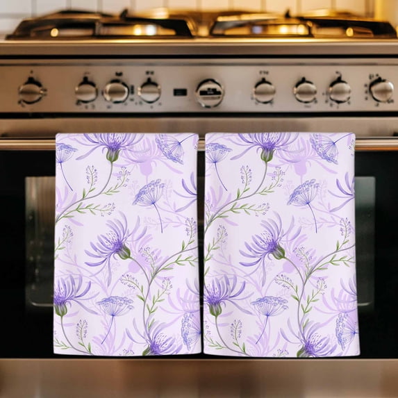 Purple Flowers Kitchen Towels Set of 1, Botanical Florals Plants Country Aesthetic Absorbent Dish Towels for Kitchen, Microfiber Hand Towel, Quick Drying Tea Towel for Cleaning Decorative Dishcloths