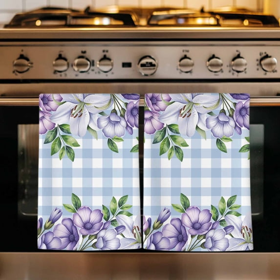 Purple Flowers Kitchen Towels Set of 1, Spring Floral Leaves Plants Blue Plaid Absorbent Dish Towels for Kitchen, Microfiber Hand Towel, Quick Drying Tea Towel for Cleaning Decorative Dishcloths