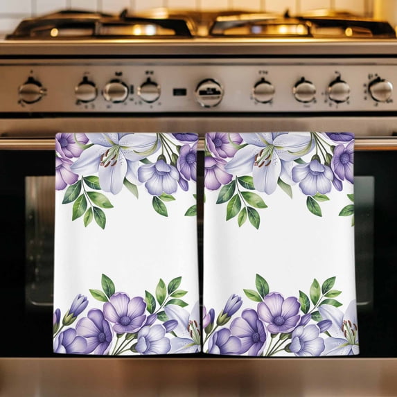 Purple Flowers Kitchen Towels Set of 1, Spring Watercolor Floral Leaves Plants Absorbent Dish Towels for Kitchen, Microfiber Hand Towel, Quick Drying Tea Towel for Cleaning Decorative Dishcloths