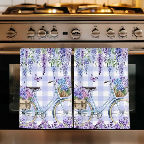Purple Flowers Kitchen Towels Set of 1, Weeping Spring Floral Bicycle Checkered Absorbent Dish Towels for Kitchen, Microfiber Hand Towel, Quick Drying Tea Towel for Cleaning Decorative Dishcloths
