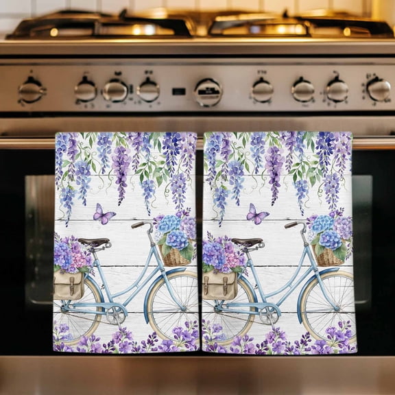 Purple Flowers Kitchen Towels Set of 1, Weeping Spring Floral Bicycle Wooden Absorbent Dish Towels for Kitchen, Microfiber Hand Towel, Quick Drying Tea Towel for Cleaning Decorative Dishcloths