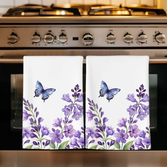 Purple Flowers Kitchen Towels Set of 2, Butterfly Spring Floral Watercolor Farmhouse Absorbent Dish Towels for Kitchen, Microfiber Hand Towel, Quick Drying Tea Towel for Cleaning Dishcloths