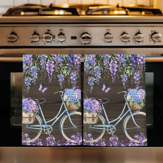 Purple Flowers Kitchen Towels Set of 2, Weeping Spring Floral Bicycle Wooden Farmhouse Absorbent Dish Towels for Kitchen, Microfiber Hand Towel, Quick Drying Tea Towel for Cleaning Dishcloths