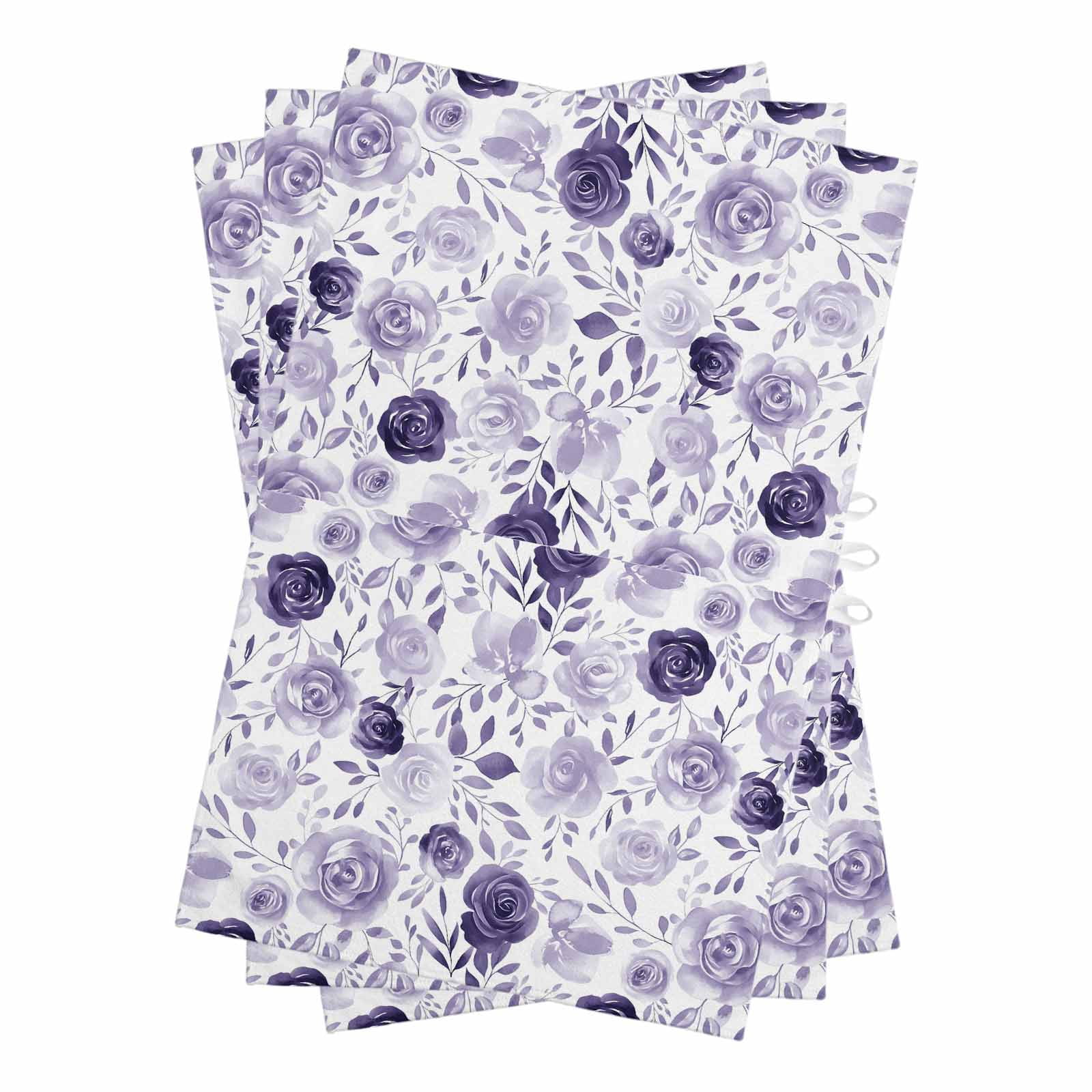 Purple Flowers Kitchen Towels Set of 3, Water Absorbent Dish Towel, Watercolor Farmhouse Botanical Floral Leaf Decorative Hand Towels - Quick Drying Cloth for Cooking Baking, 18x28 Inch