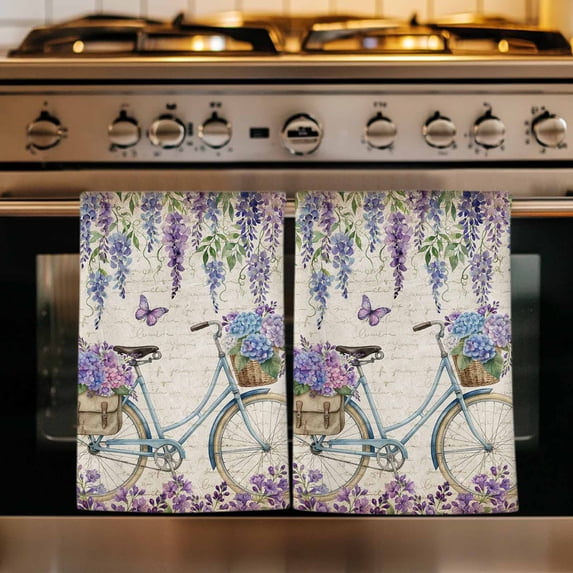 Purple Flowers Kitchen Towels Set of 3, Weeping Spring Floral Bicycle Retro Art Absorbent Dish Towels for Kitchen, Microfiber Hand Towel, Quick Drying Tea Towel for Cleaning Decorative Dishcloths