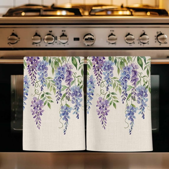 Purple Flowers Kitchen Towels Set of 3, Weeping Spring Floral Rustic Pastoral Absorbent Dish Towels for Kitchen, Microfiber Hand Towel, Quick Drying Tea Towel for Cleaning Decorative Dishcloths