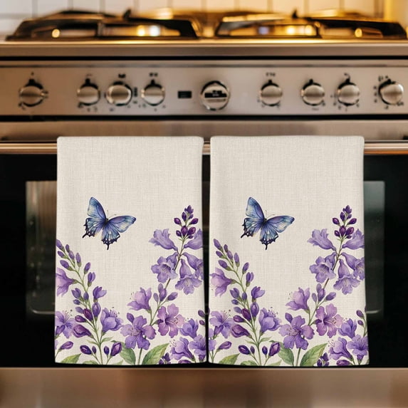 Purple Flowers Kitchen Towels Set of 4, Butterfly Spring Floral Rustic Farmhouse Absorbent Dish Towels for Kitchen, Microfiber Hand Towel, Quick Drying Tea Towel for Cleaning Decorative Dishcloths