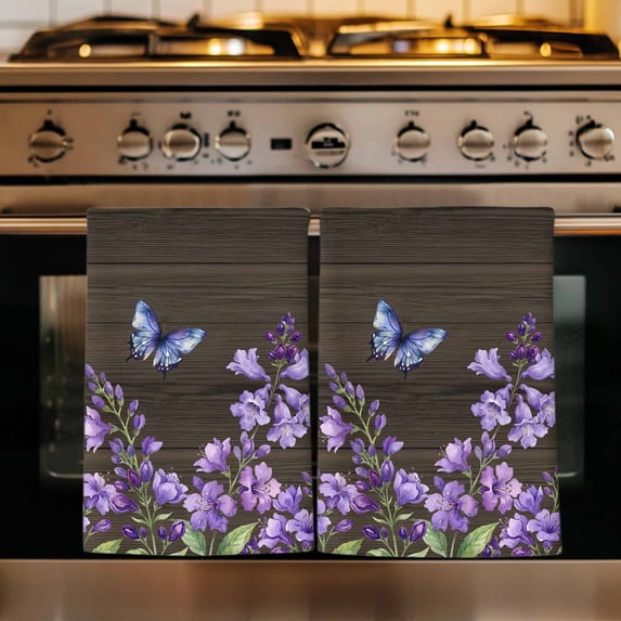 Purple Flowers Kitchen Towels Set of 4, Butterfly Spring Floral Wooden Farmhouse Absorbent Dish Towels for Kitchen, Microfiber Hand Towel, Quick Drying Tea Towel for Cleaning Decorative Dishcloths