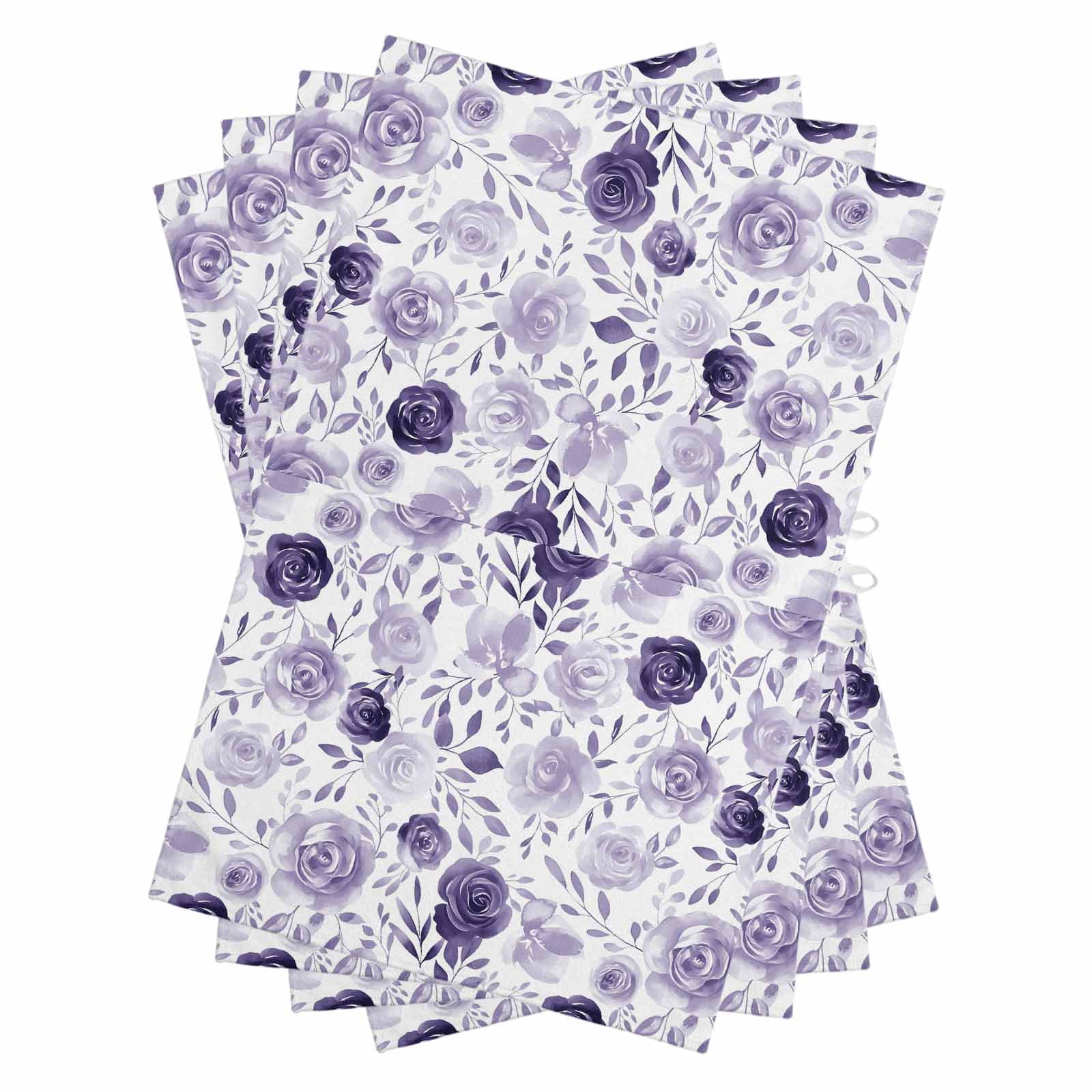 Purple Flowers Kitchen Towels Set of 4, Water Absorbent Dish Towel, Watercolor Farmhouse Botanical Floral Leaf Decorative Hand Towels - Quick Drying Cloth for Cooking Baking, 18x28 Inch