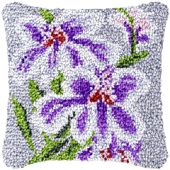 Purple Flowers Latch Hook Kits Pillow DIY Rug Cushion Making Kits with preprinted Pattern Canvas Instruction Yarns and Latch Hooking Pillow Cover Easy to Start DIY Home Decor Kits 43x43cm