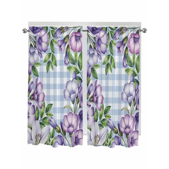 Purple Flowers Living Room Curtains 2 Panel, Spring Floral Leaves Plants Blue Plaid Cafe Window Treatment, Extra Long Farmhouse Bedroom Bathroom Kitchen Curtains Drapes 104"x72"