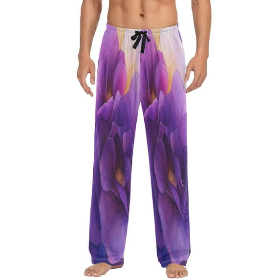 Purple Flowers Men's Lightweight Pajama Bottoms Stretch Elastic Waist Side Pockets Spring Fall