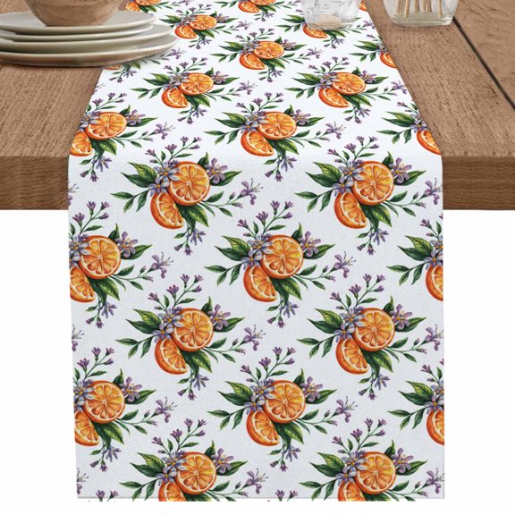 Purple Flowers Orange Green Leaves Table Runner-36 Inch Long Summer Botanical Table Runners Linen Burlap Tablerunner for Kitchen Dining Room Holiday Party