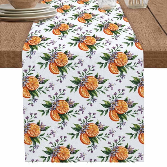 Purple Flowers Orange Green Leaves Table Runner-70 Inch Long Summer Botanical Table Runners Linen Burlap Tablerunner for Kitchen Dining Room Holiday Party