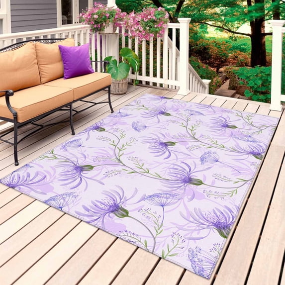Purple Flowers Outdoor Rug for Patio/Deck/Porch, Non-Slip Large Area Rug 4 x 6 Ft, Botanical Florals Plants Country Aesthetic Indoor Outdoor Rugs Washable Area Rugs, Camping Rug Carpet Runner