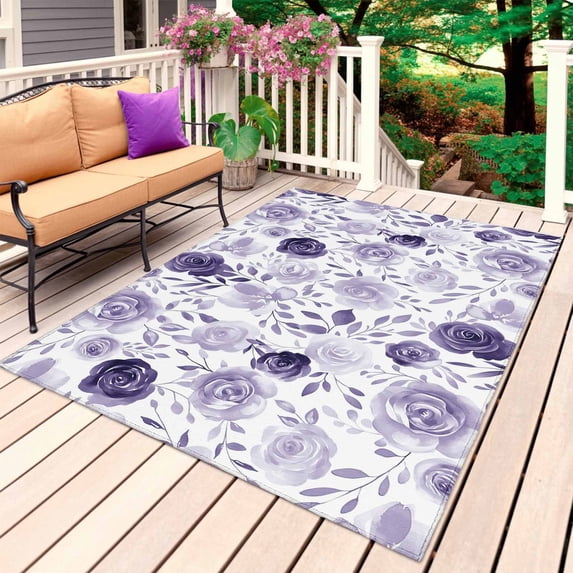 Purple Flowers Outdoor Rug for Patio/Deck/Porch, Non-Slip Large Area Rug 5 x 7 Ft, Watercolor Farmhouse Botanical Floral Leaf Indoor Outdoor Rugs Washable Area Rugs, Camping Rug Carpet Runner