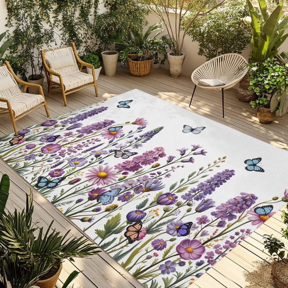 Purple Flowers Outdoor Rug for Patio/Deck/Porch, Non-Slip Large Area Rug 5 x 8 Ft, Spring Butterflies Lavender Daisy Botanical Indoor Outdoor Rugs Washable Area Rugs, Camping Rug Carpet Runner